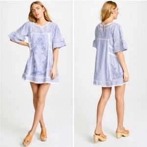 Free People Embroidered and Ruffled Blue and White Floral Mini Dress
